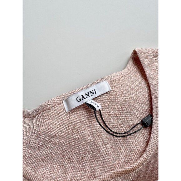 NWOT GANNI Romilly Pink Rose Metallic Knit Ruffle Cold Shoulder Blouse, Size M - Picture 9 of 12